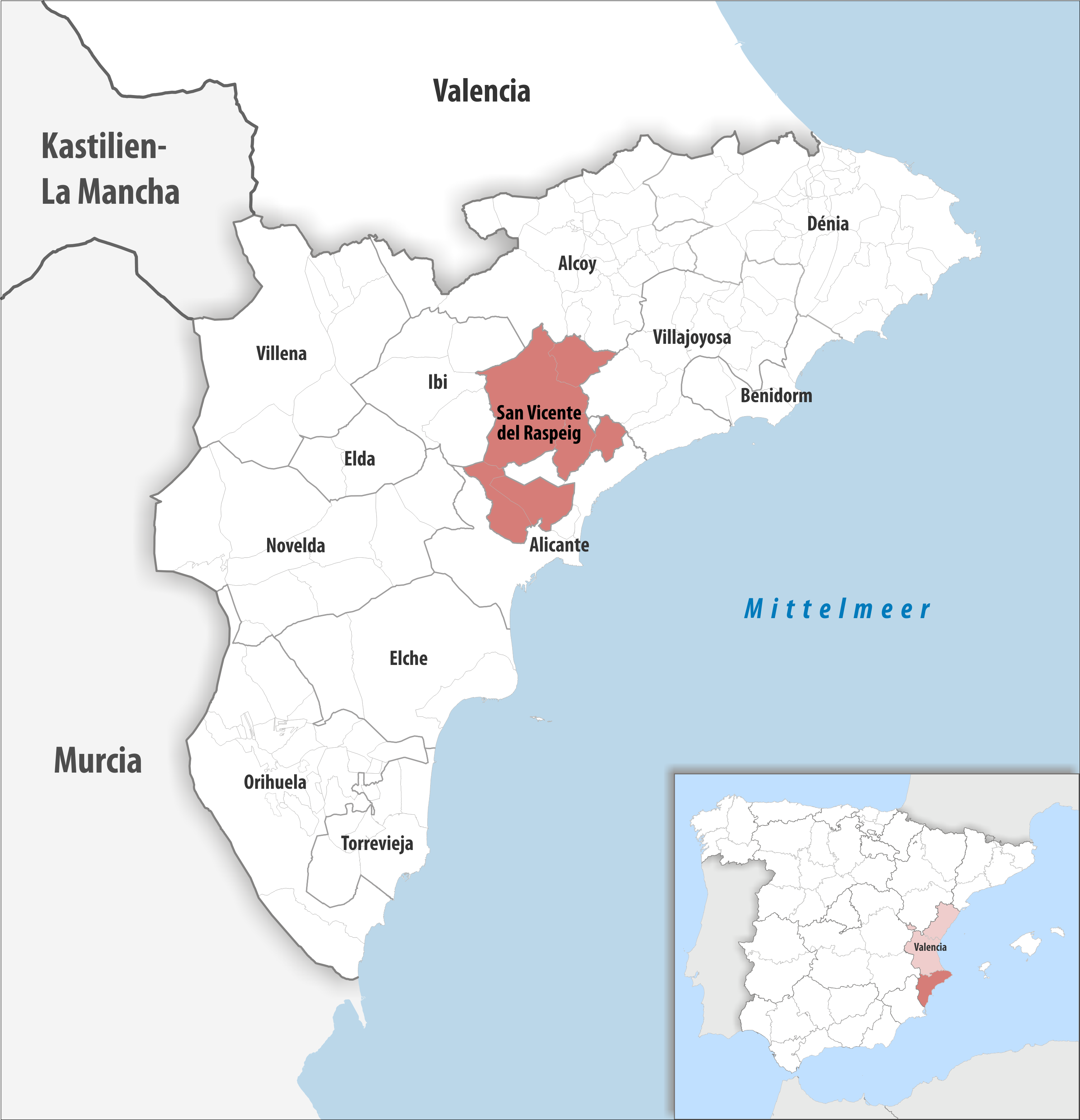 Mapa provincial de Alicante con San Vicente señalado